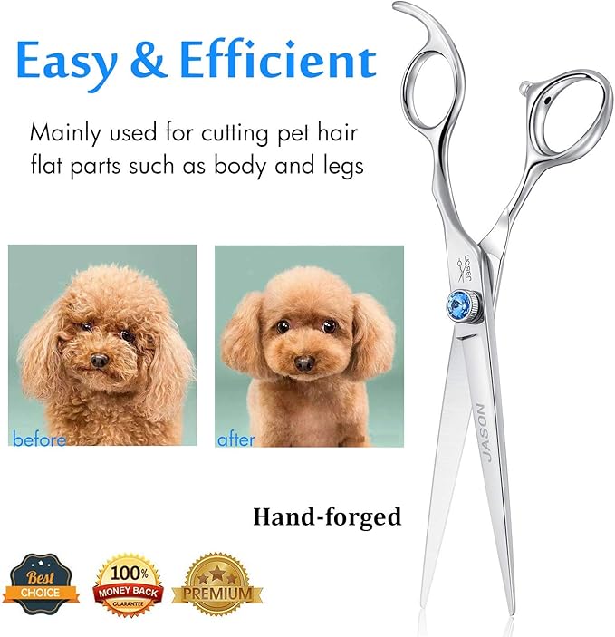 JASON 7" Straight Dog Grooming Scissors, Ergonomic Pets Grooming Shears, Premium Cats Trimming Kit with Offset Handle and Jewelled Screw, Sharp, Comfortable
