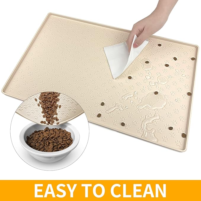 Ptlom Silicone Pet Placemat for Dog and Cat, Waterproof Non-Slip Pet Feeding Bowl Mats for Food and Water, Small Medium Large Tray Mat Prevent Residues from Spilling to Floor, Beige, 18" 12"