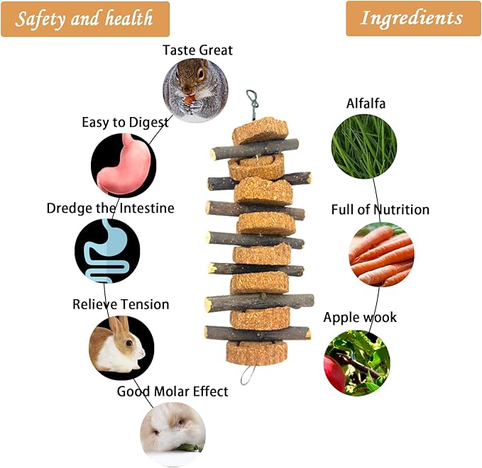 PINVNBY Rabbit Chew Toys for Teeth Hanging,Natural Apple Bunny Chew Sticks Small Animals Molar Wood for Rabbits Chinchillas Guinea Pigs Hamsters Small Pet Chewing Improve Dental Health(4 Pcs)