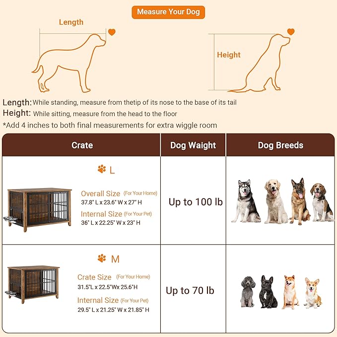 Lulive Wooden Dog Crate Furniture, Large Dog Kennel Indoor with 360°& Adjustable Raised Dog Bowls, Double Doors Furniture Dog Crates End Table for Large/Medium Dogs 37.8" L*23.6" W*27" H, Brown