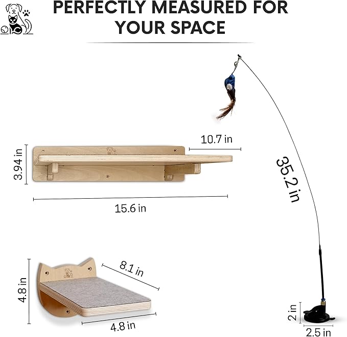 Snuggle & Play Cat Wall Shelves with Suction Cup Wand – 3 Mounted Steps, Climbing Wall Shelves and Furniture with Cat Wand