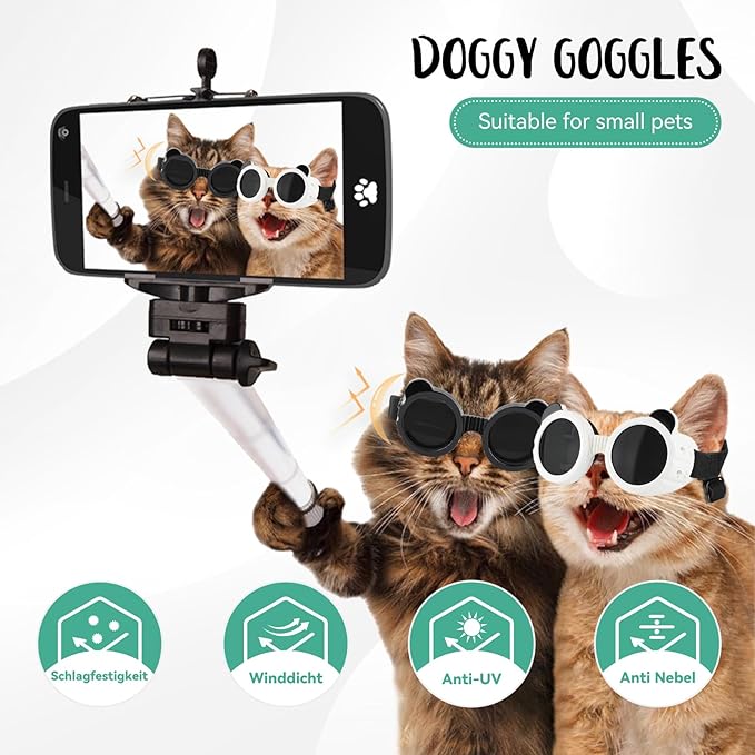 Dog Goggles for Small Breed UV/Wind/Dust Protection Puppy Sunglasses with Adjustable Strap - White