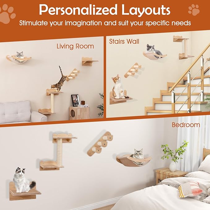 Tangkula Cat Wall Shelves, Wall Mounted 4pcs Kitten Furniture Set with Hammock, 2-Step Kitty Tree, Perch, Non-Slip Carpet Mat, Sisal Stairs & Scratching Posts, Wooden Cat Climber Steps (Natural)