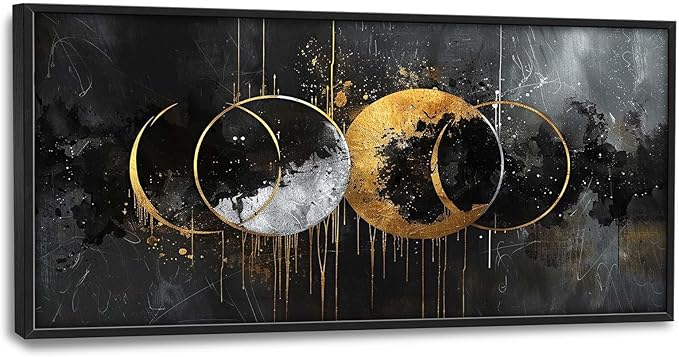 Quorin Abstract Sun Moon Large Wall Art Black and Gold Circle Pictures Sun and Moon Wall Decor Canvas Print Painting Artwork for Bathroom Living Room Bedroom 60L x 30W