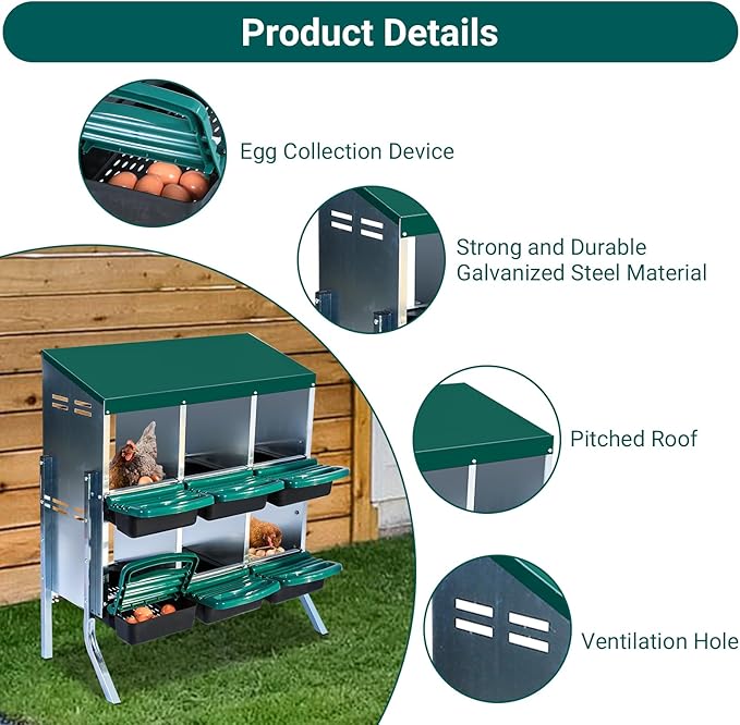 Nesting Boxes for Chickens, Chickens Laying Boxes for Chicken Coop with Legs, 6 Compartments Chicken Nesting Boxes, with Removable Tray, Easy Cleaning, for Hens Outdoor Chicken Coop Farm Yard, Green
