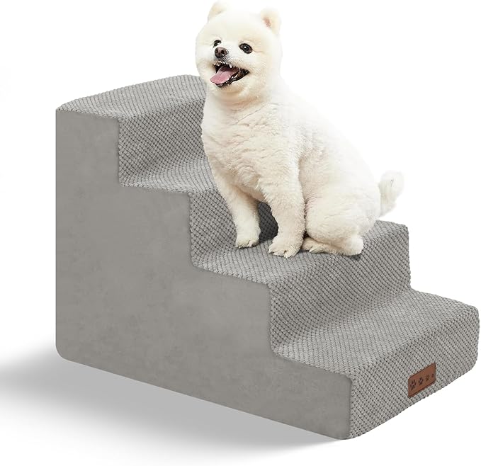 GGIB Non-Slip Pet Stairs for Small Dogs & Cats - 4-Step, Removable Washable Cover, Light Grey, 17" H