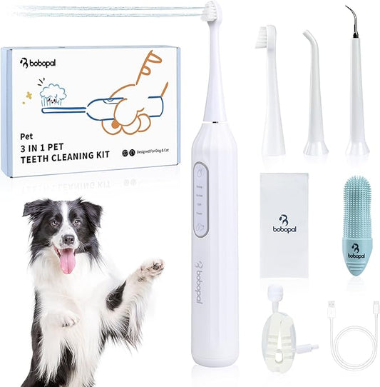 Dog Tooth Brushing Kit,3-in-1 Dog Teeth Cleaning Tools,Ultrasonic Electric Toothbrush & Plaque Remover for Dogs with Water Flosser for Teeth,2 Modes & 3 Intensity Levels,IPX7,1100mAh Battery