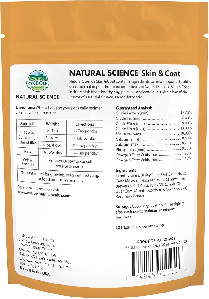 Oxbow Animal Health Natural Science Skin & Coat Support, Supplement for Rabbit & Guinea Pig, Made with Oxbow Timothy Hay, Includes Palm Oil & Omega 3 & 6 Fatty Acids, Made in USA, 4.2 oz Bag