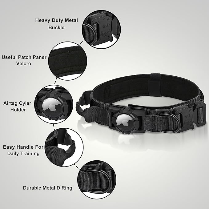 Tactical AirTag Dog Collar Leash Set - Heavy Duty, Adjustable GPS Collar Compatible with Apple AirTag, with Holder & Control Handle for Medium/Large Dogs [ Black, M ]