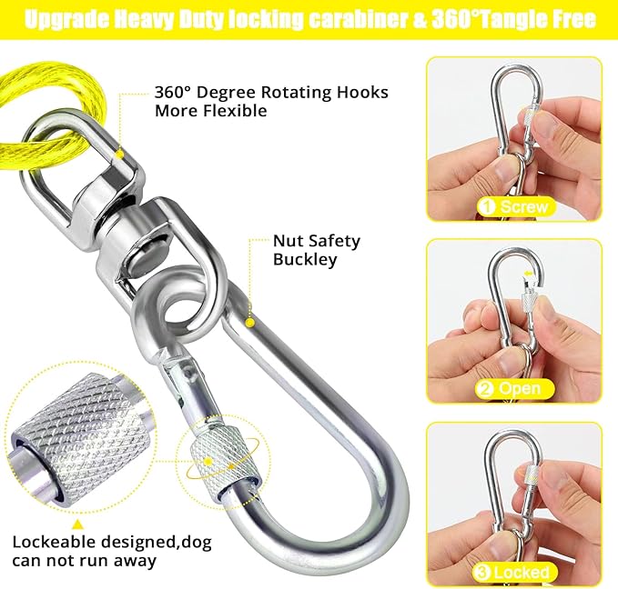 Jenico Dog Tie Out Cable - 10/15/20/30/40/50/70/100/150FT Runner Cable with Swivel Hook and Shock Spring, Outdoor and Camping Dog Leash Run Tether for Small to Medium Pets Up to 500 LBS