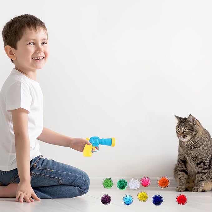 Dorhui Cat Toy Gun Launcher - 30 Pcs Sparkle Pom Pom Balls and Ball Launcher, Fetch Toy Gun Shooter, Interactive Glitter Balls for Indoor Cats and Kitty Gifts