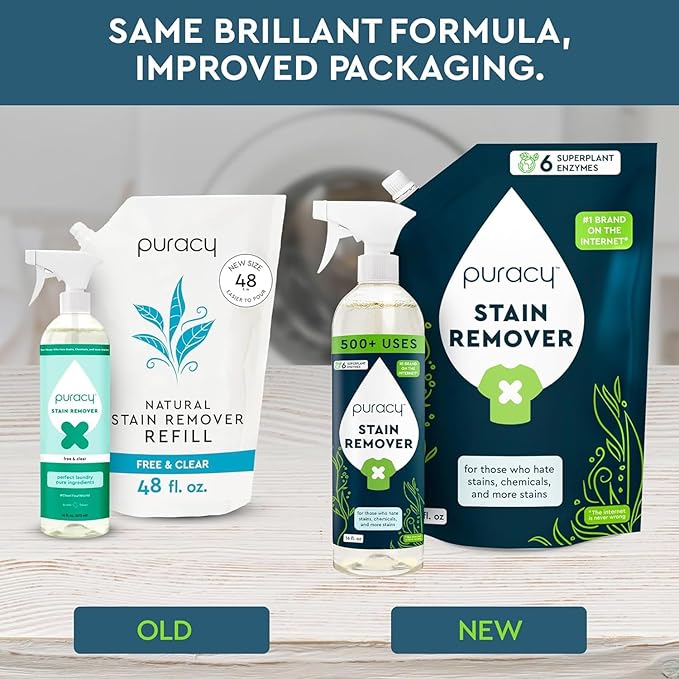 Puracy Stain Remover Cleaning Spray - Enzyme-Powered Stain Removal Spray As Seen on TikTok, Natural Travel Spot Remover for Clothes (Unscented, 48 fl oz + 16 fl oz)