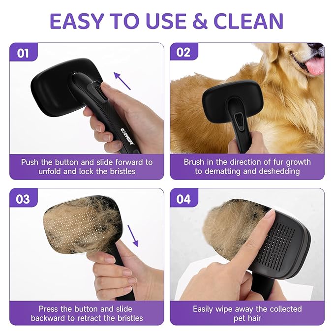 Dog Brush Kit – 3 PCS Grooming Set with Self-Cleaning Brush, Undercoat Rake & Pet Bath Brush. Great for Shedding, Tangles & Dirt Removal – Ideal for Long & Short Haired Dogs & Cats, Black