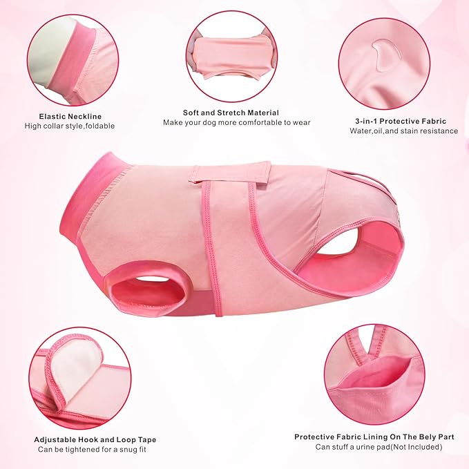 Idepet Dog Recovery Suit Female,Dogs Onesie Suit Surgery Male Breathable Pet Bodysuit for Spay Neuter E-Collar & Cone Alternative Surgical Suit Puppy Abdominal Anti Licking Wounds Shirt (Pink, S)