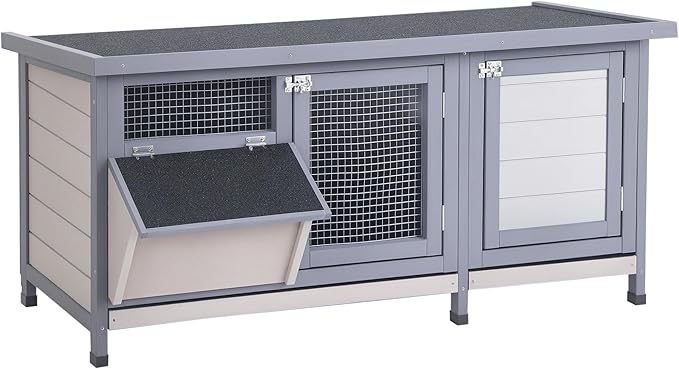PawHut Wooden Rabbit Hutch Bunny Hutch Cage Guinea Pig with Waterproof Roof, No Leak Tray and Feeding Trough, Indoor/Outdoor, Gray