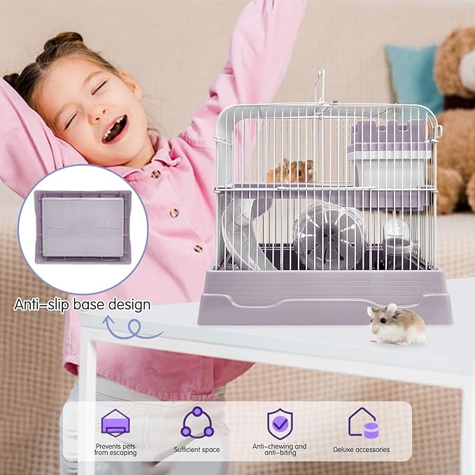 PINVNBY 2-Tier Dwarf Hamster Cage, Hamster Travel Cage Portable Mouse Cage with Running Exercise Wheels, Water Bottle and Food Dish for Hamster Mouse Rat 11.7 * 8.7 * 9.38 in (Blue)