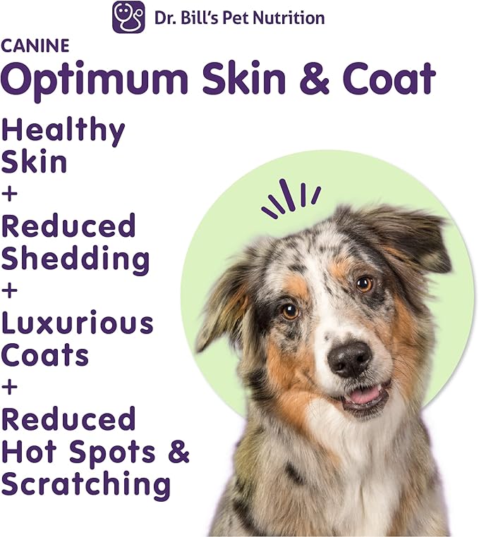 Dr. Bill's Canine Optimum Skin & Coat – Reduces Shedding, Itching, Dry Skin – Allergy Relief for Healthy Fur - Omega 3, Collagen, Biotin & Hyaluronic Acid – 340g Vet-Recommended Dog Supplement
