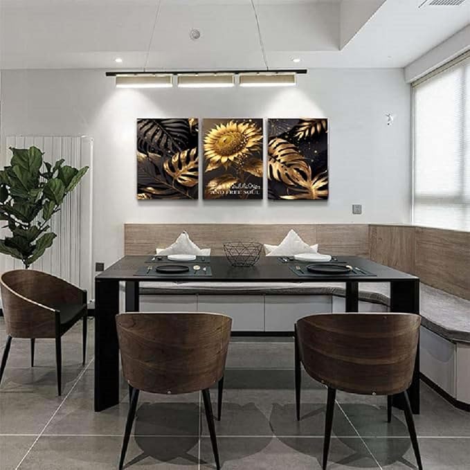 Yxbhhym Bedroom Wall Art Sunflower Canvas wall Art for living room Black and Gold Wall Décor pictures Leaf Artwork Paintings Flower Poster Prints Dining Room Office Décor Bathroom Decorations