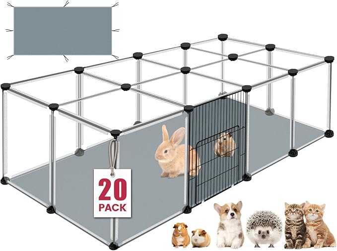 20 Panels Small Animals Playpen, 48" x 24" x 16" Transparent Pet Playpen with Waterproof Mat,Portable Plastic Enclosure Cage for Chicken/Guinea Pigs/Bunny/Ferrets/Hamsters/Hedgehogs Indoors Outdoor