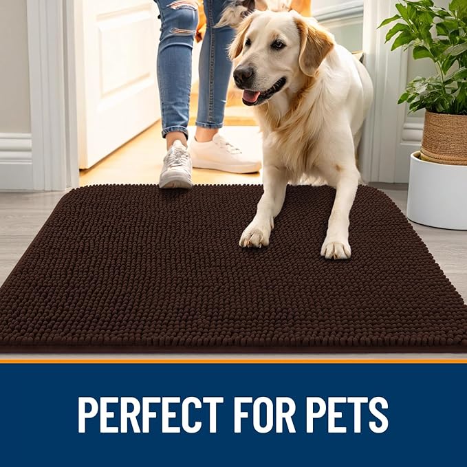 OLANLY Dog Door Mat for Muddy Paws 70x46, Absorbs Moisture and Dirt, Absorbent Non-Slip Washable Doormat, Quick Dry Chenille Mud Mat for Dogs, Entry Indoor Entryway Carpet for Inside Floor, Brown