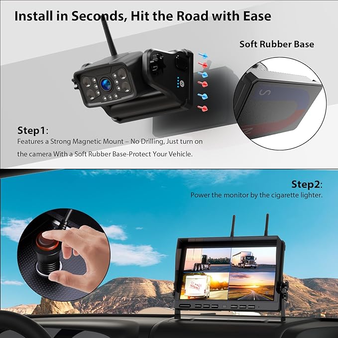 3 Magnetic Wireless Backup Camera with HD 1080P 10" DVR Monitor, 1-Rear View 2-Side View Cameras Wireless System for RV Trailer Trucks, Built-in 9600mAh Battery,Night Vision,Recording- ZEROXCLUB BC103