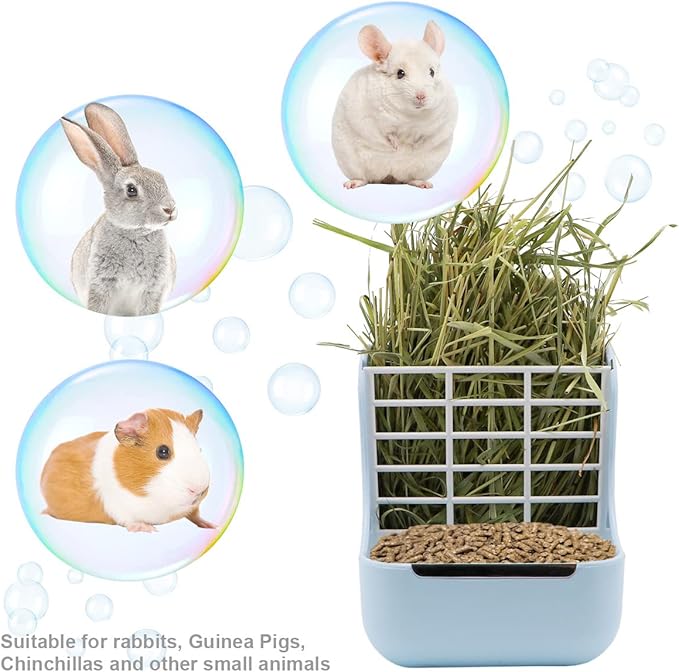 Litewoo Rabbit Hay Feeder Guinea Pig Feeder, 2 in 1 Automatic Small Animal Food Bowl Feeding Cage Accessories (Blue)