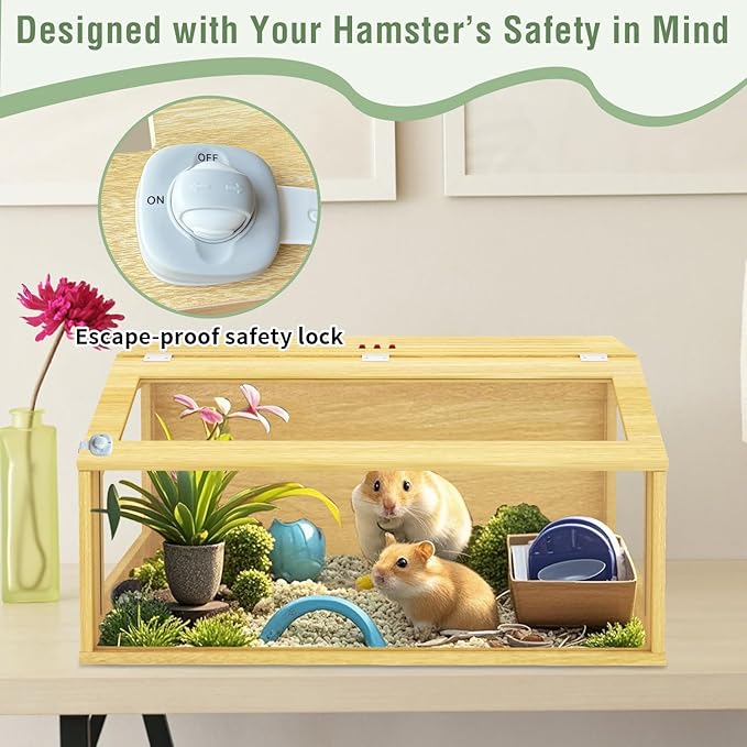 32" Wooden Hamster Cage, Chewproof Gerbil Cages and Habitats, Openable Top Roof Window with Silencing Pad, Guinea Pig Cage for Small Animals, Dwarf and Syrian Hamster, 32 x 16 x 16 Inches