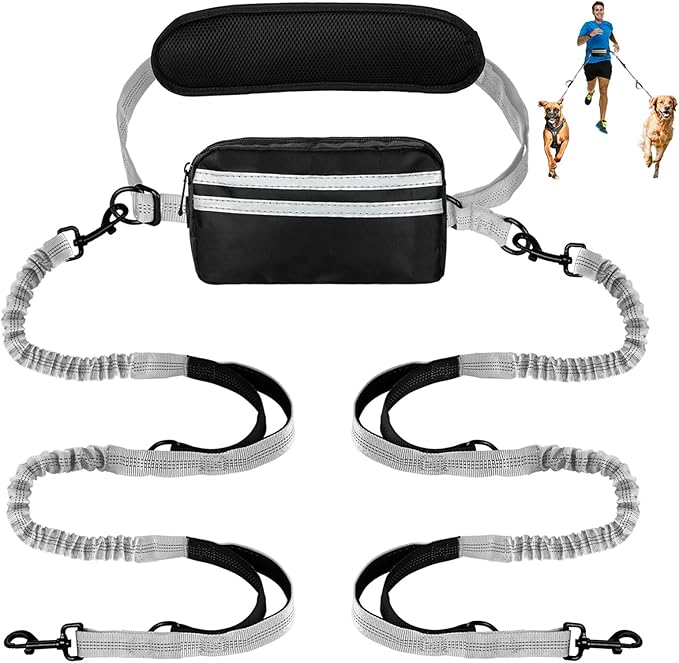 Hands Free Dog Leash with Pouch, Double Leash for Two Dogs, Retractable Bungee with Double Padded Handles, Dog Waist Leash for Dog Walking, Running Leash for Dogs, Dog Walking Accessories