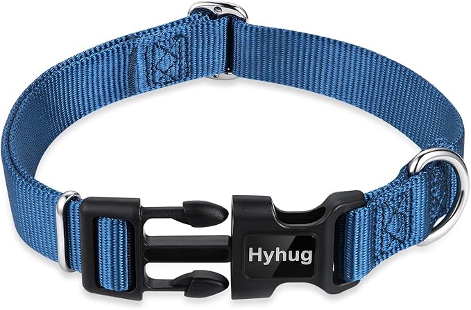 Hyhug Pets Solid Color Classic Regular Heavy Duty Basic Collar Medium Breeds Dogs, Unique Design Adjustment Triglide Slide (Buckle) Can Attached Name Tag Accessories. (Medium, Classic Blue)