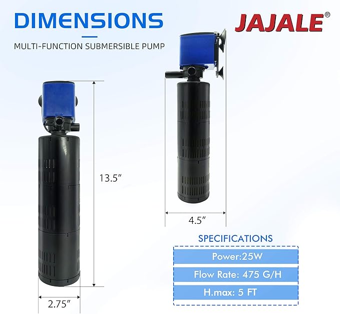 Water Pump 475 GPH 3-in-1 Submersible Internal Filter Aquarium Powerhead Water Pump Ultra Quiet for Aquarium,Fish Tank-4 Pack