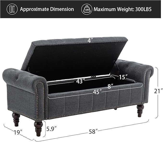 58’’ Storage Bench for Bedroom, Upholstered Button-Tufted Ottoman with Solid Wood Legs, Large End of Bed Shoe Cabinet, Window Seat Foot Rest Stool for Entryway, Closet, and Living Room (Dimgray)