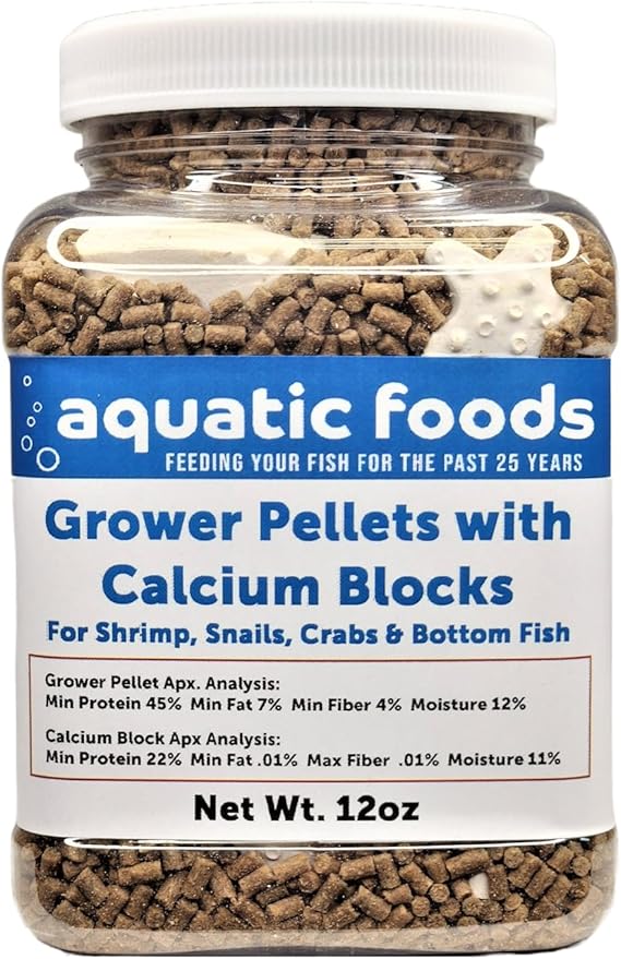 Aquatic Foods Inc. Shrimp Grower 45% Protein 1/16" x 3/8" Sinking Pellets with 15 Calcium Enriched Food Disks for Shrimp, Snails, Crabs, Catfish, Plecos, Bottom Fish, All Tropical Fish...12oz Jar