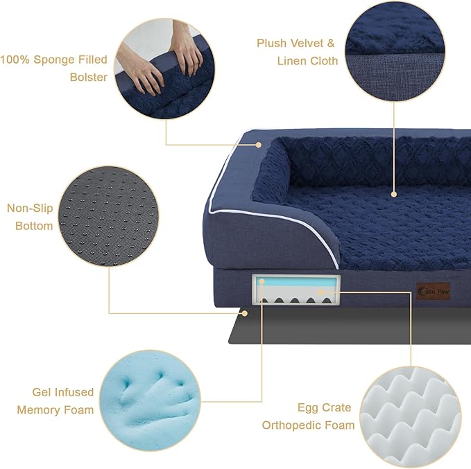 Orthopedic XL Dog Bed for Extra Large Dogs, Waterproof Memory Foam Dog Beds with Sides, Non-Slip Bottom and Egg-Crate Foam Big Dogs Couch Beds with Removable Washable Cover(X-Large,Navy Blue)