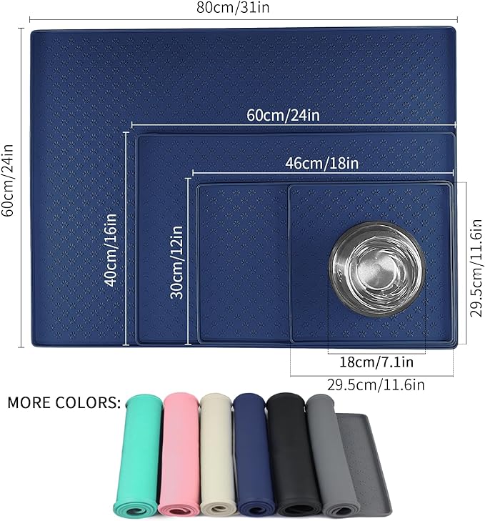 Ptlom Silicone Pet Placemat for Dog and Cat, Waterproof Anti-Slip Pet Feeding Bowl Mats for Food and Water, Small Medium Large Tray Mat Prevent Residues from Spilling to Floor, Navy Blue, 31.5" 23.6"