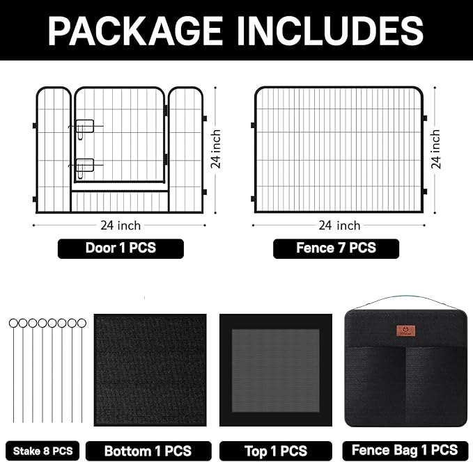 PJYuCien Dog Playpen Outdoor Plus Storage Bag, 24" H 8 Panels Puppy Pen with Square Bottom & Top Cover, Heavy Duty Dog Fence for Camping