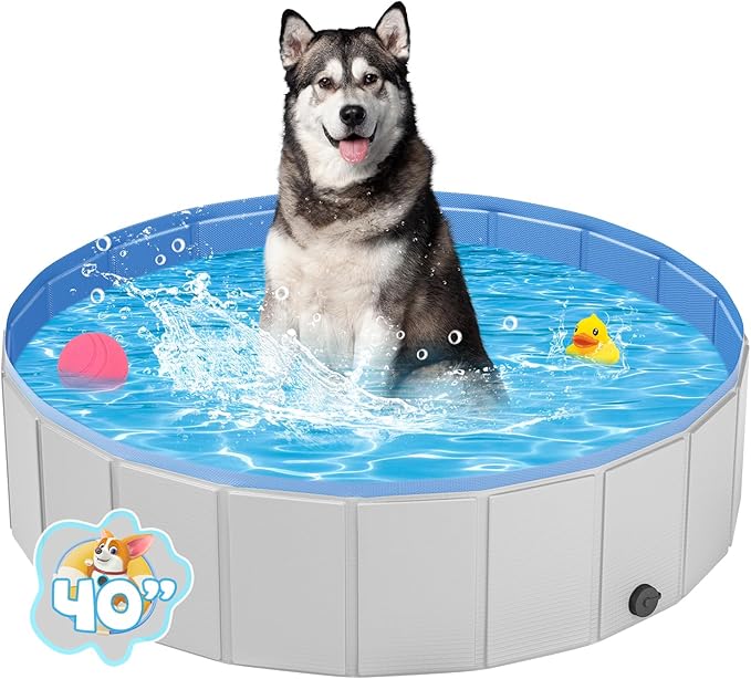 Portable Dog Pool PVC Pet Swimming Pool Bathtub Collapsible Dog Pool, Hard Plastic Pool for Pets to Swim and Bath (M-40"x 12" Light Grey)