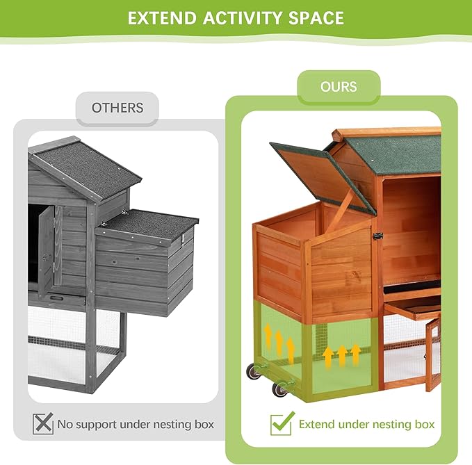 COZIWOW 82" Large Wooden Chicken Coop, Outdoor Rabbit Hutch with Wheels, Sunshine Board, Asphalt Roof, Ramp, Openable Top, Door, Window, Pull-Out Tray, Indoor Bunny Cage (Orange with Pattern)