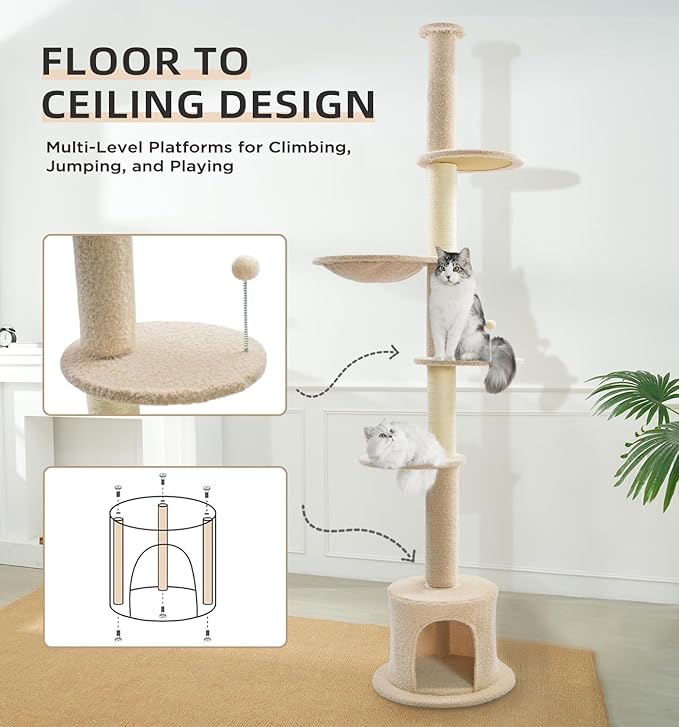 Made4Pets Floor to Ceiling Cat Tree 93-106'',Tall Cat Tower 5 Tiers, Adjustable Height, Stable Cat Tree Tower with Scratching Posts, Fluffy Condo, Hammock and Ball Toy for Indoor Cats/Kitten, Beige