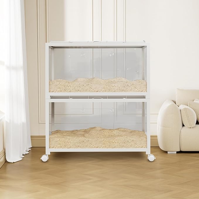 Large Metal Hamster Enclosure Rat Cage with 360 Viewing Acrylic Sides, Ventilated Front Door & Openable Top, Portable Hamster Tank for Guinea Pig, Chinchilla, Gerbil, 37.8''Lx18.5''Wx20''H White