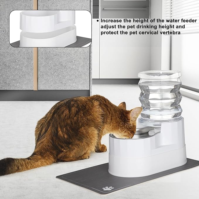 RIZZARI Automatic Pet Water Dispenser: 5L White Cats and Dogs Gravity Feeder - Stainless Steel Bowl - Outdoor Hiking Use