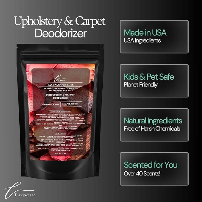 Sandalwood Rose Carpet Freshener Powder: Powerful Odor Eliminator for Home, Upholstery Deodorizer, Carpet Deodorizer, Pet Urine, Cat Litter Box - Sandalwood Rose Fragrance.