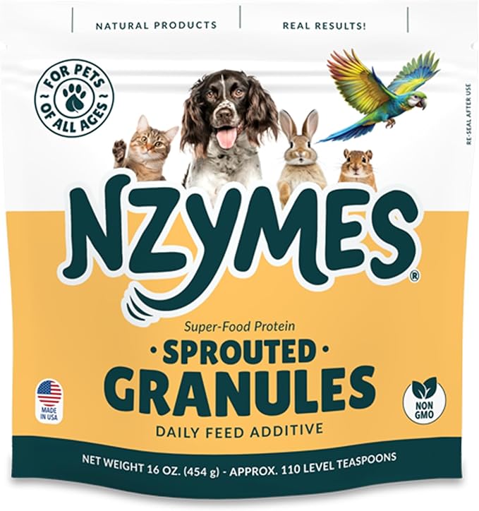Nzymes® Sprouted Granules 1LBS for Dogs, Cats, and Companion Pets. Raw Super-Food Protein and Antioxidant Nutrition. Cost Effective Food Supplement Dog Health Supplies. 110 Servings USA