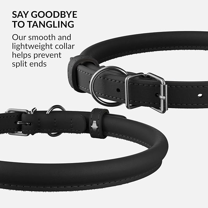 CollarDirect Rolled Leather Dog Collar, Soft Padded Round Puppy Collar, Handmade Genuine Leather Collar Dog Small Large Cat Collars 13 Colors (6-7 Inch, Black Smooth)