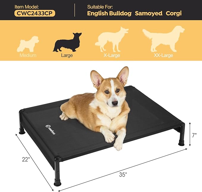Veehoo Cooling Outdoor Dog Bed, Heavy Duty Elevated Pet Bed with Washable & Breathable Teslin Mesh, Non-Slip Silicon Feet, Dog Cot Bed with Support Hem, 35" x 22", Black, CWC2433