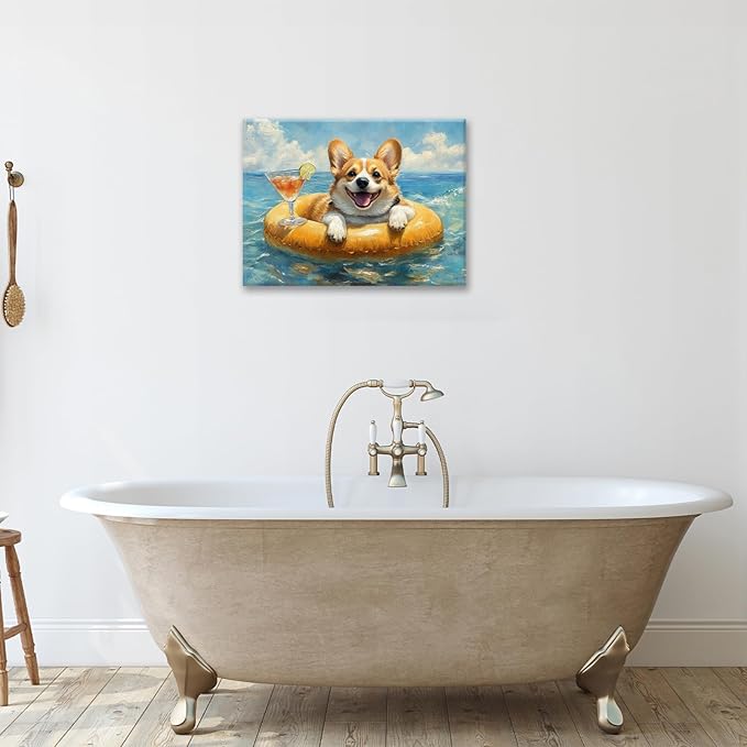 Ocean Funny Corgi Dog Pictures Wall Art, Bathroom Cute Dog Wall Decor Sea Coastal Framed Painting Beach Canvas Artwork for Bathroom Bedroom Living Room Decorations 16"L x 12"W