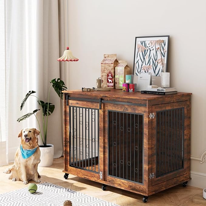 IchbinGo Large Dog Crate Furniture, 47" Wooden Dog Kennel with Sliding Barn Door, Flip-Top Lid & Wheels, Indoor Pet Crate Table with Detachable Divider for Small/Medium/Large Dogs (Rustic Brown)