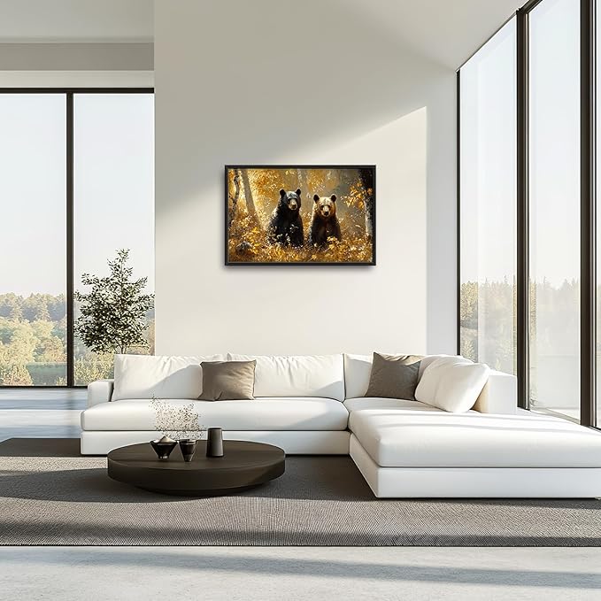 Large Forest Bear Wall Art for Living Room, Black Bear Autumn Canvas Oversized Wall Decor, Wildlife Framed Pictures Painting Print Artwork for Bedroom Office 36L" x 24W"