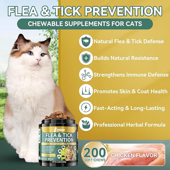 Natural Flea Treatment for Cats Chewables, 200 Soft Treats Flea and Tick Prevention for Cats, Oral Flea Supplement for Kitten Cat, Cat Flea and Tick Treatment, Skin & Coat Support - All Breeds & Ages