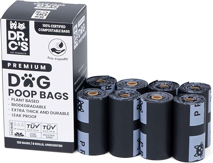 100% Certified Compostable Dog Poop Bags - Dr. C's Premium Dog Poop Bags - 120 Bags / 8 Rolls, Extra thick, Leak Proof, Unscented, Plant Based and Earth Friendly