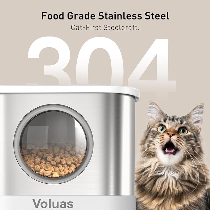 VOLUAS Automatic Cat Feeders for Two Cats,Stainless Steel 5L Pet Feeder for Cats and Dogs Timed Cat Feeder Pet Dry Food Dispenser, White